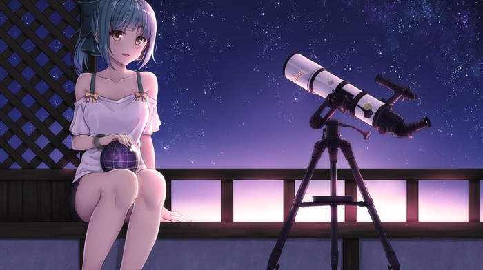 telescope, Yuubari KanColle, anime, night, anime girls, Kantai Collection, bare shoulders, stars