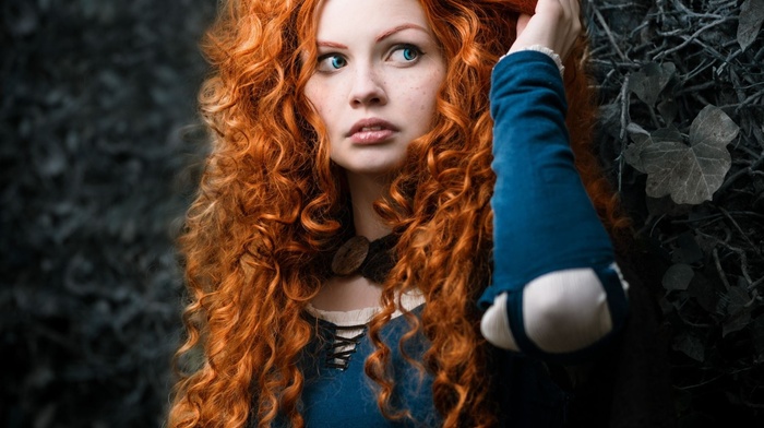 redhead, blue eyes, girl, Brave, selective coloring, curly hair, cosplay, Merida