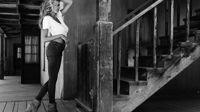 monochrome, model, T, shirt, Charlotte McKinney, stairs, jeans, girl