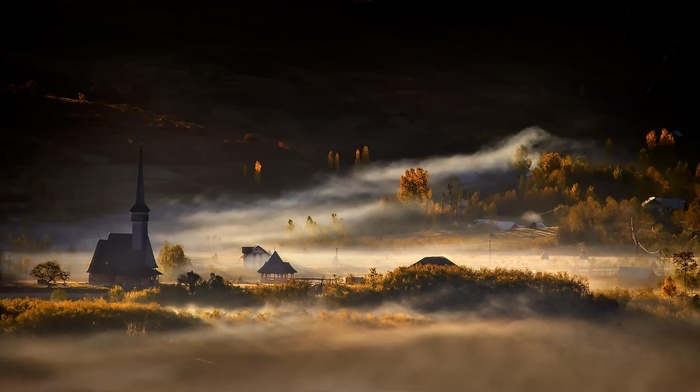 landscape, village, Romania, nature, sunrise, morning, trees, church, fall, mist