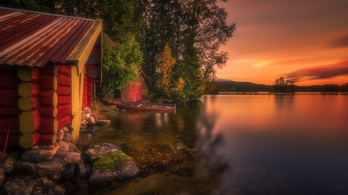 hill, sunset, clouds, Norway, lake, landscape, trees, boathouses, nature, fall
