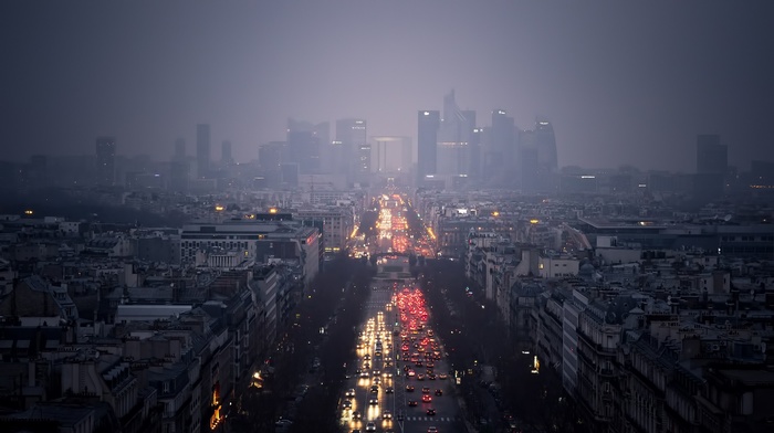 mist, street, La Defense Paris, road, cityscape, building, lights