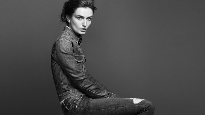 sitting, dark hair, jeans, looking at viewer, monochrome, Andreea Diaconu, girl