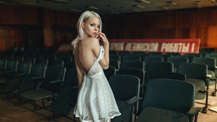 white dress, Georgiy Chernyadyev, bare shoulders, back, dress, girl, smoky eyes, blonde