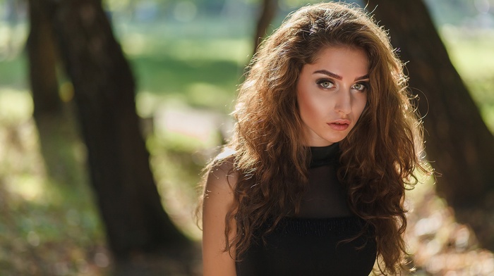 girl outdoors, black dress, portrait, girl, wavy hair