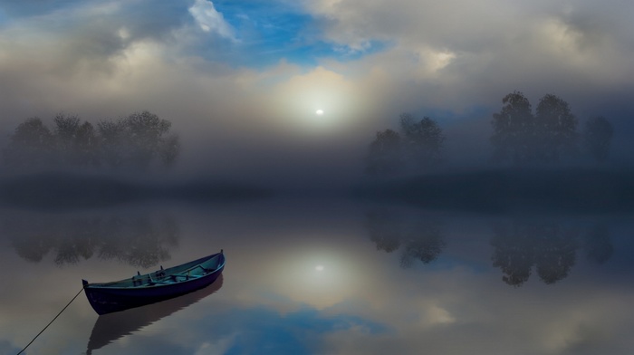 reflection, atmosphere, nature, boat, sunrise, trees, clouds, landscape, lake, mist, calm
