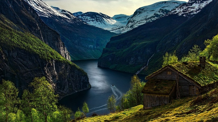 nature, landscape, cabin, fjord, trees, waterfall, grass, Norway, Geiranger, boat, morning, mountain, snowy peak