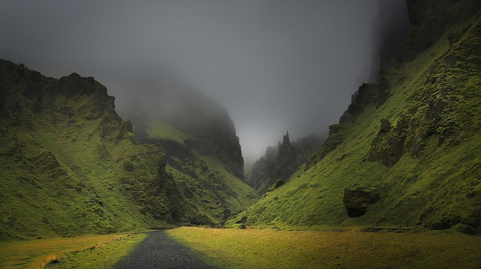 mist, landscape, mountain, grass, dark, dirt road, nature