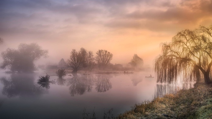 landscape, water, clouds, mist, reflection, sunrise, fisherman, boat, atmosphere, river, sky, grass, trees, nature