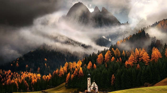 Italy, landscape, mountain, mist, trees, Alps, clouds, nature, church, grass, fall, forest