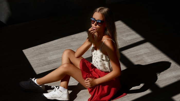 skinny, wooden surface, girl, sitting, skirt, girl with glasses, sneakers