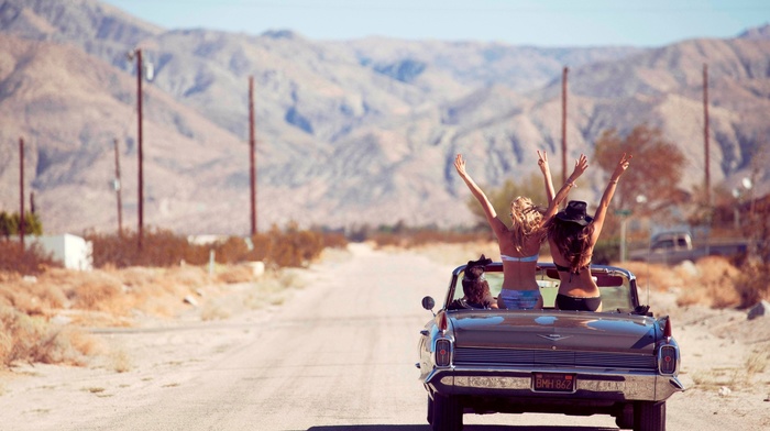 jessica gomes, bikini, roadtrip, girl, blonde, group of girl, brunette, back, American cars