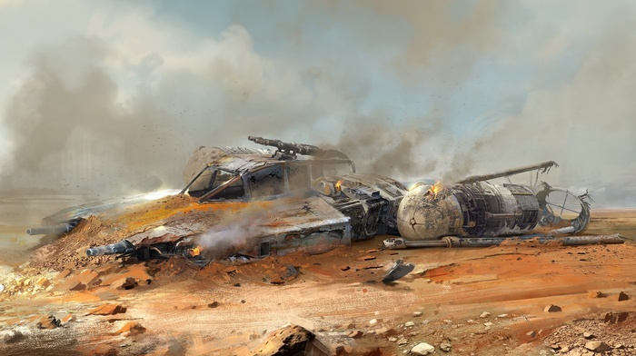 artwork, crash, science fiction, Y, wing, Star Wars, wreck