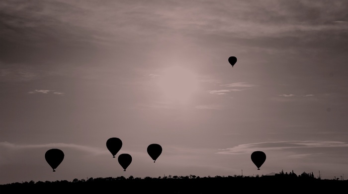 flying, monochrome, landscape, nature, sky, balloons