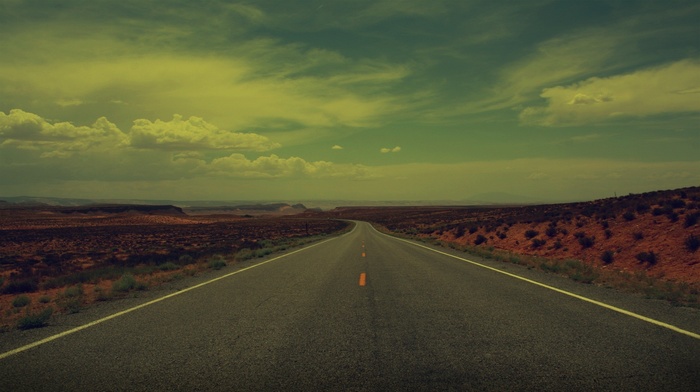 desert, empty, filter, clouds, road, highway, nature, plants, hill, landscape