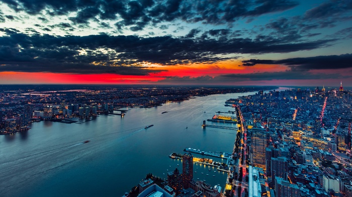 USA, sunset, cityscape, water, clouds, New York City, Hudson River, building, evening, Manhattan, city