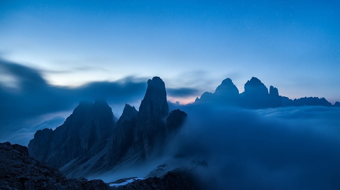 blue, Alps, mountain, clouds, nature, mist, evening, stars, landscape