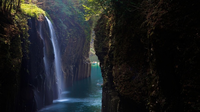 nature, canyon, boat, waterfall, Japan, blue, landscape, shrubs