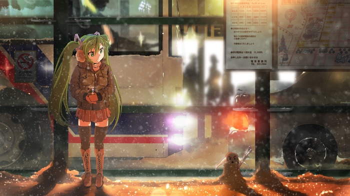 Hatsune Miku, anime girls, bus stations, snow, Vocaloid