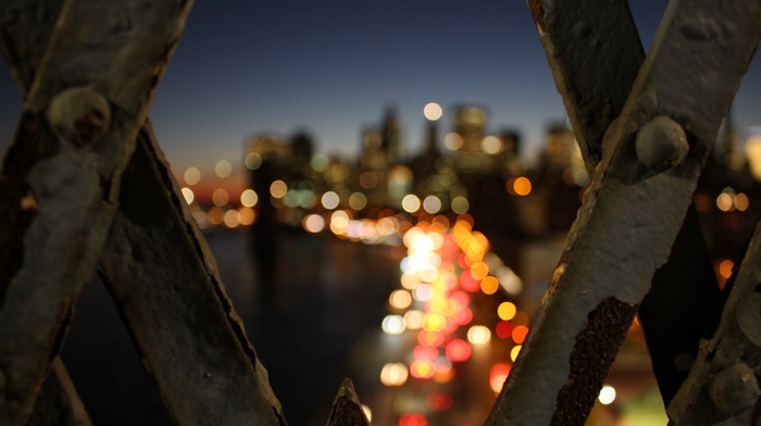 blurred, New York City, bridge, night