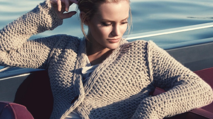 blonde, white clothing, hands in hair, looking down, Charlott Cordes