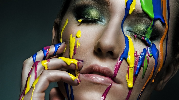 hand on face, colorful, girl, portrait, face, photography, model, paint splatter, closed eyes, makeup, closeup