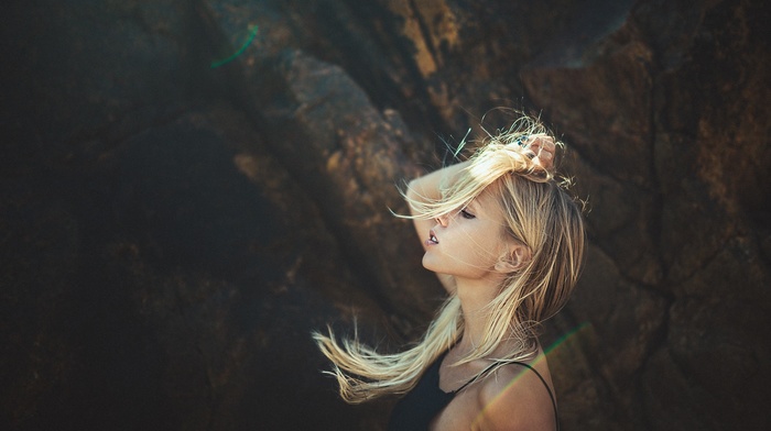 girl, blonde, side view, no bra, windy, lens flare, model