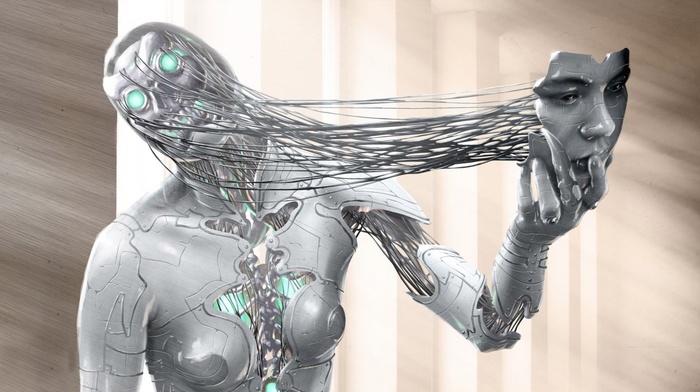 CGI, girl, wires, digital art, metal, 3D, skull, robot, face, artwork, cyborg