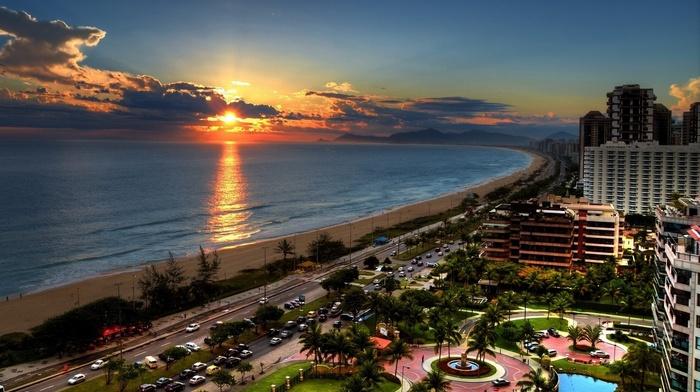 city, car, beach, Brazil, sea, road, sunset, palm trees, Rio de Janeiro, hotels, clouds