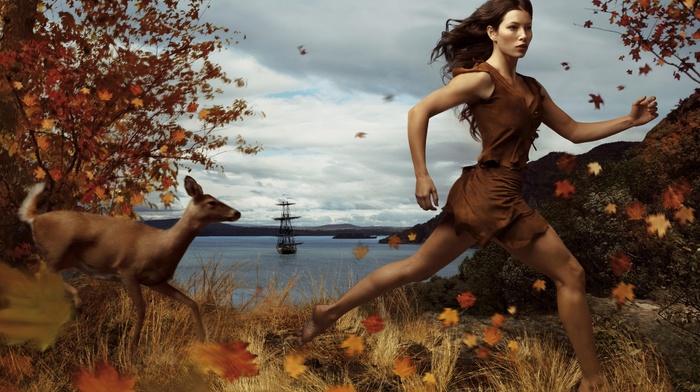 Jessica Biel, Native American clothing, Pocahontas, fall, girl, long hair, trees, animals, bay, nature, fictional, sea, leaves, clouds, Walt Disney, hill, brunette, mountain, Annie Leibovitz, fawns, running, girl outdoors, actress