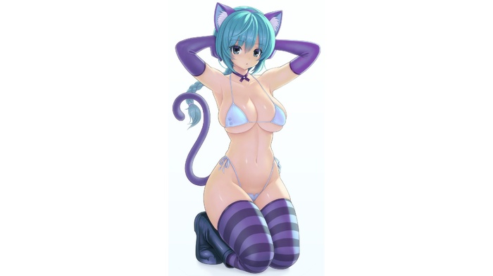 lingerie, cat ears, anime girls, white lingerie, striped leggings, blue hair, original characters