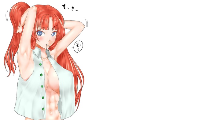 touhou, blue eyes, Hong Meiling, cleavage, abs, open shirt, redhead, navel