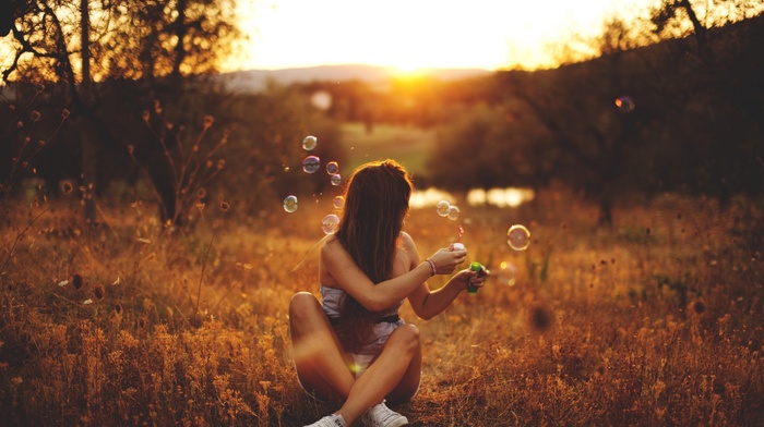 girl, bubbles, sunset