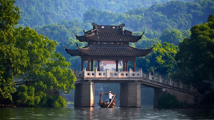 China, canoes, bridge, river