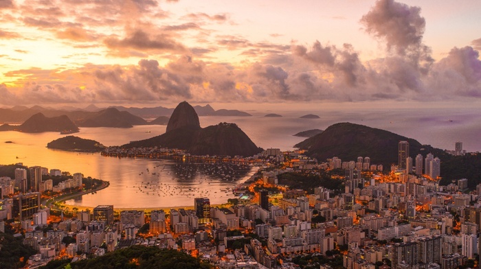 sunset, Brazil, cityscape, sea, Rio de Janeiro, city, clouds, hill