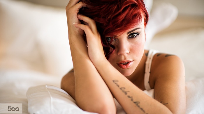 redhead, hands in hair, girl, portrait, in bed, model, lingerie, tattoo, hazel eyes
