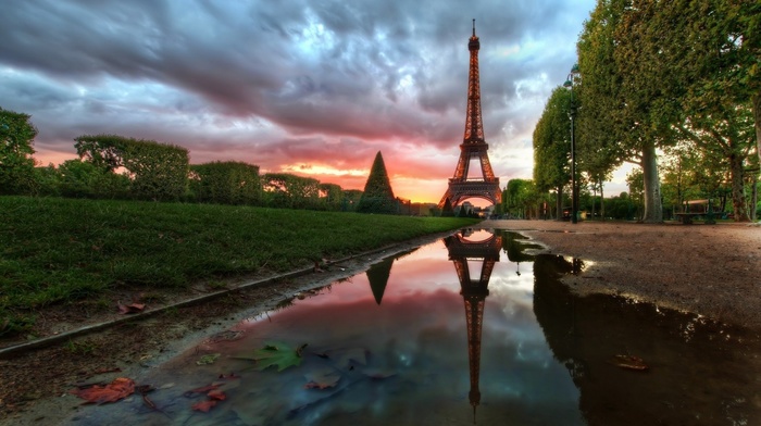 Eiffel Tower, river, Paris, grass, sky, France, sun rays