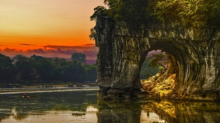 lake, China, arch, sunset, rock, boat, trees, reflection, sky, landscape, water, nature, shrubs, Guilin