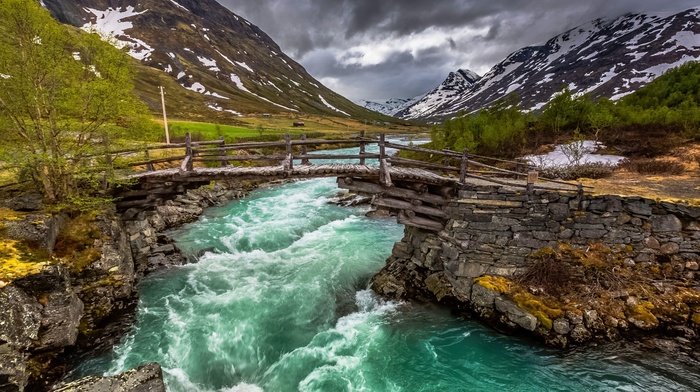 bridge, water, nature, river, landscape, Norway, trees, clouds, mountain, snow, green