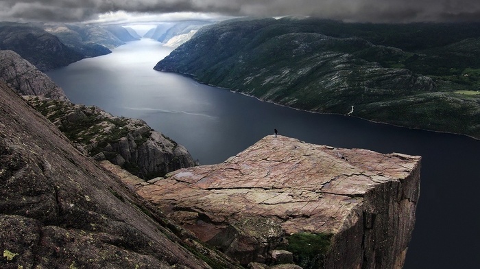 Norway, nature, landscape, rock, fjord, Preikestolen, clouds, mountain