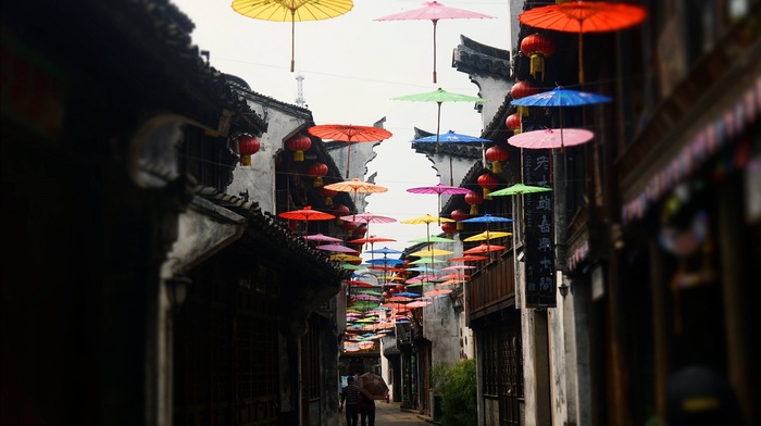 Asia, city, umbrella, colorful, Japanese umbrella, street, Asian architecture, building