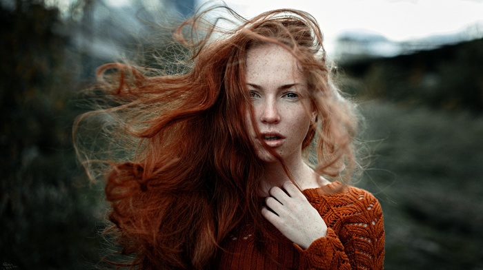 freckles, windy, Georgiy Chernyadyev, redhead, girl outdoors, girl, sweater