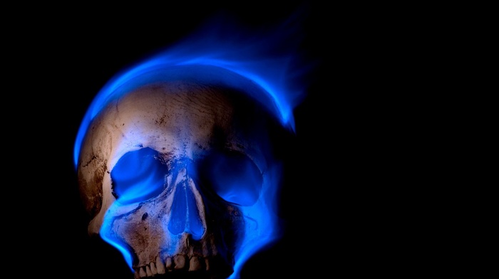 burning, skull, digital art, blue flames, spooky, Gothic, death, fire, teeth, black background