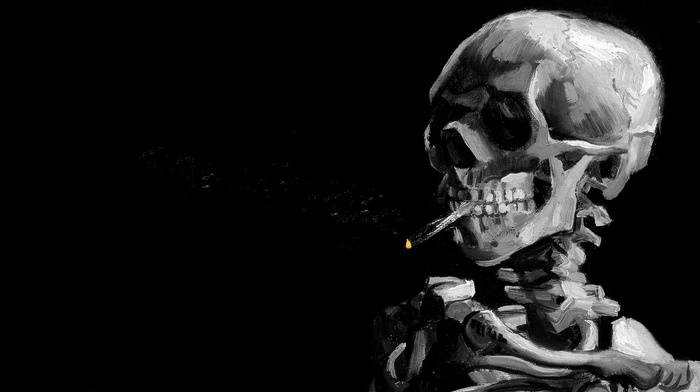 smoke, bones, painting, monochrome, teeth, black background, ribs, skull, smoking, spine, digital art, cigarettes