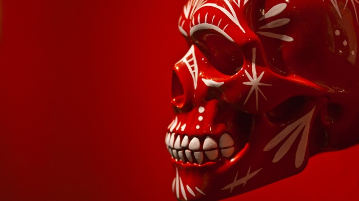 red background, ceramics, profile, digital art, skull, teeth
