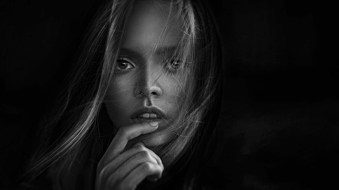 looking at viewer, hand, portrait, finger on lips, Georgiy Chernyadyev, open mouth, monochrome, hair in face, long hair, blonde, windy, face, model, girl