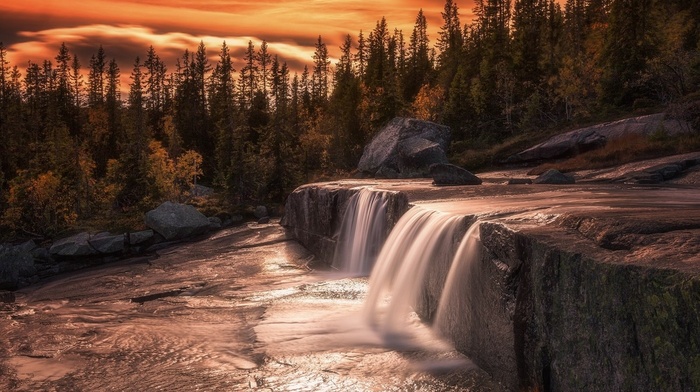 waterfall, sunset, fall, landscape, long exposure, trees, nature, clouds, stones, sky, forest