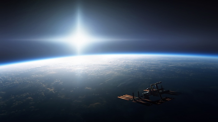 International Space Station, space, Earth, Sun, lens flare, ISS