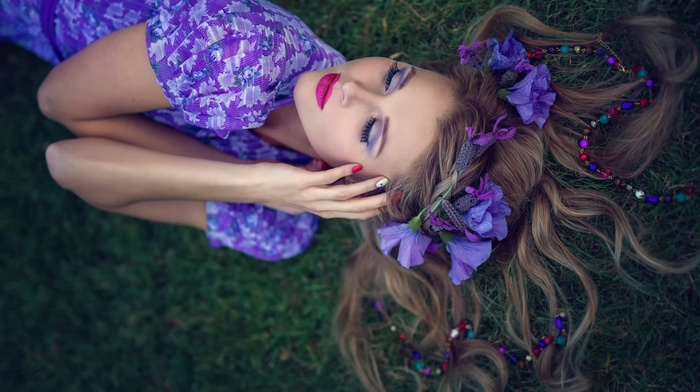 grass, dress, lying down, closed eyes, auburn hair, girl, red lipstick, painted nails, long hair