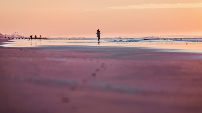 girl, walking, sunset, beach